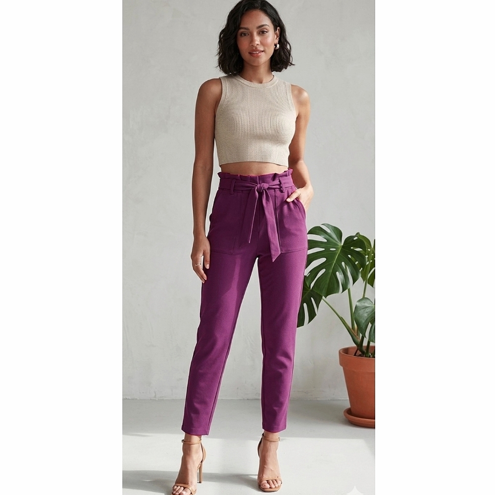 Tie Front Paperbag High Waist Tapered Trousers In Light Plum